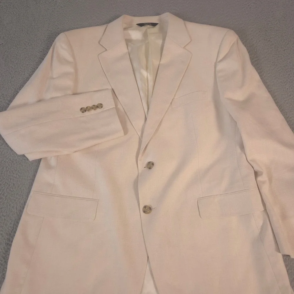 Stafford Blazer Mens 46R Cream Linen Blend Two Button Sport Coat Pocket Square